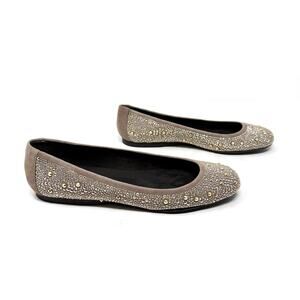 [Stuart Weitzman] Tan Studded Nubeads Haze Round Toe Suede Ballet Flats Size 8.5